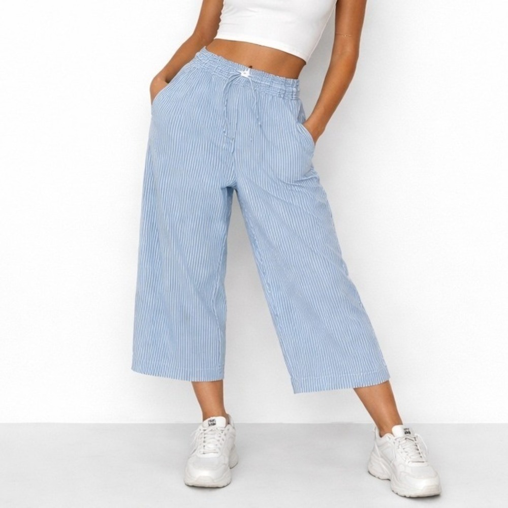 Splash Palazzo Pants Womens 32 Blue White Striped Tencel Wide Leg Drawstring